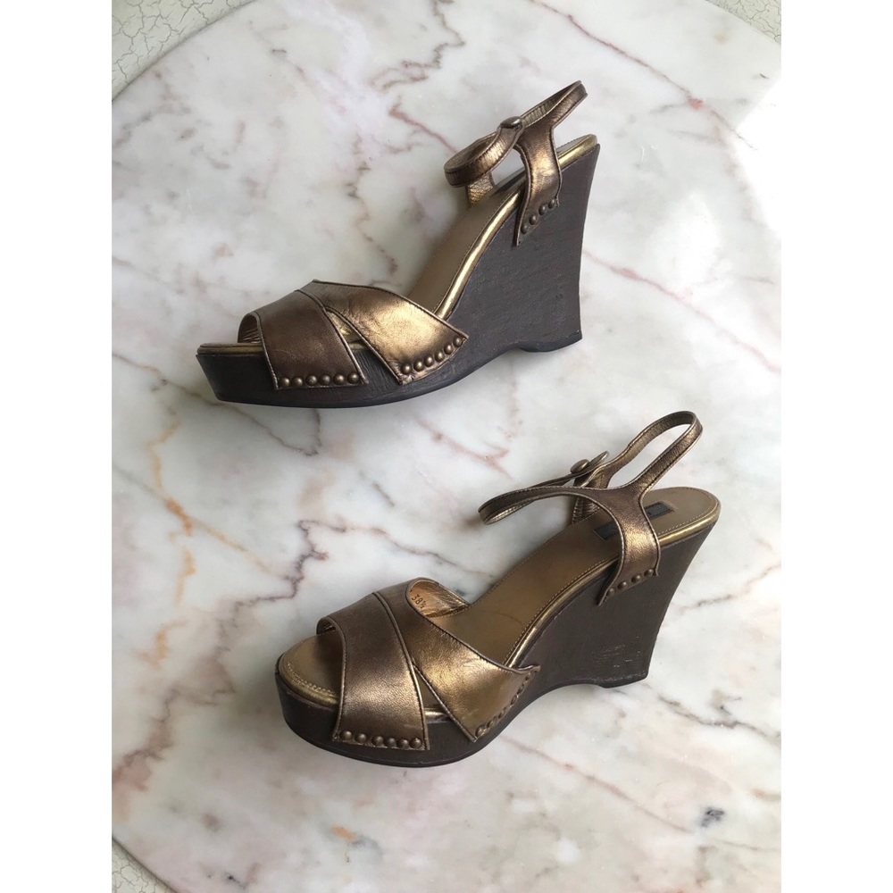 Prada Gold Bronze wedge sandals sz 38.5